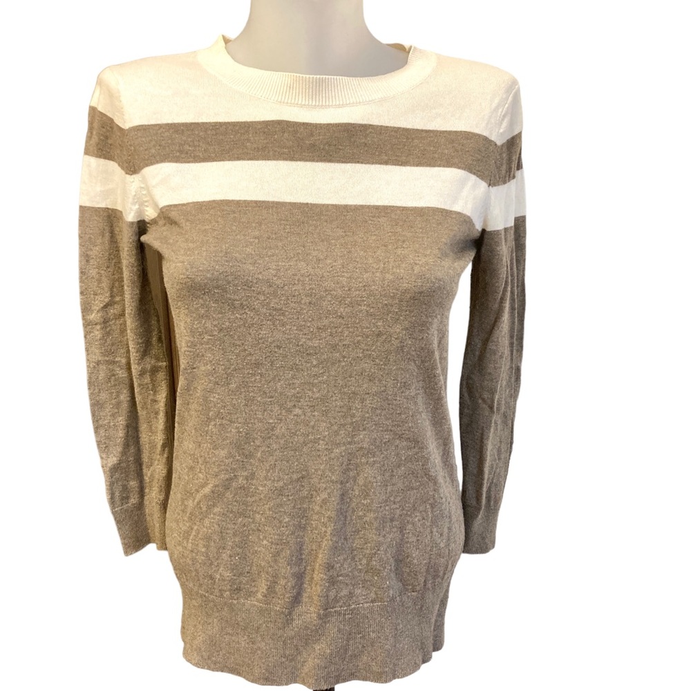 Women's Taupe and White Stripe Crewneck Sweater